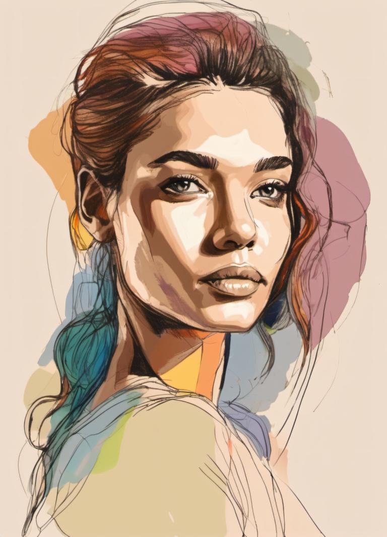 Color Sketch,Color Sketch, People, woman, solo, brown hair, sketch, 1girl, looking at viewer