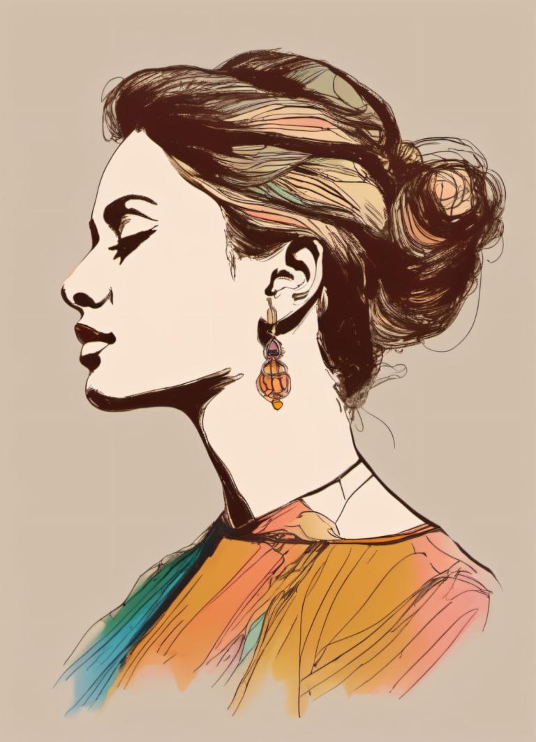 Color Sketch,Color Sketch, People, woman, 1girl, solo, jewelry, earrings, brown hair, profile, closed eyes