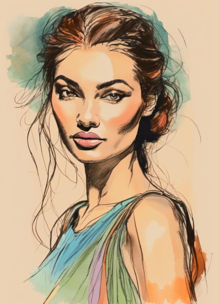 Color Sketch,Color Sketch, People, woman, 1girl, solo, brown hair, lips, brown eyes, sketch, upper body