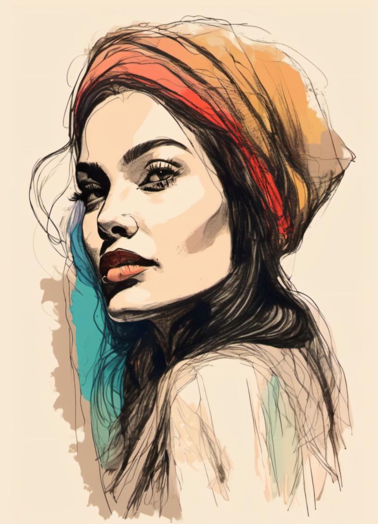 Color Sketch,Color Sketch, People, woman, 1girl, solo, black hair, multicolored hair, sketch, lips