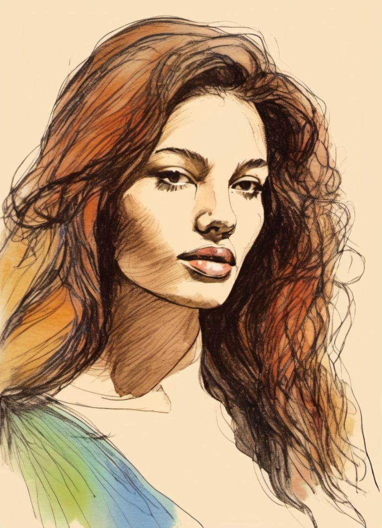 Color Sketch,Color Sketch, People, woman, 1girl, solo, brown hair, long hair, looking at viewer, lips