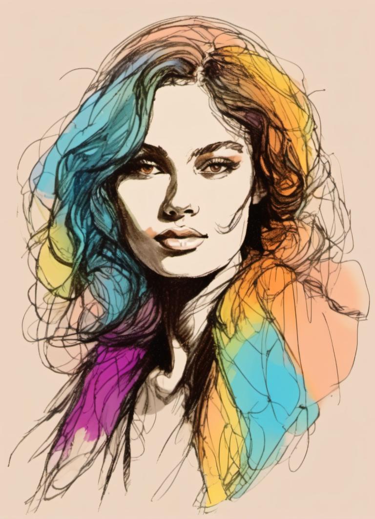 Color Sketch,Color Sketch, People, woman, solo, 1girl, rainbow hair, multicolored hair, lips, sketch