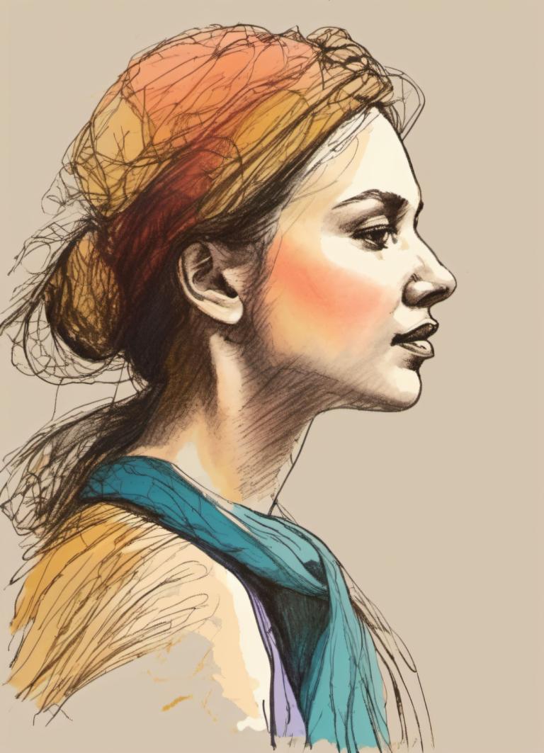 Color Sketch,Color Sketch, People, woman, solo, profile, 1girl, hat, simple background, bandana, male focus