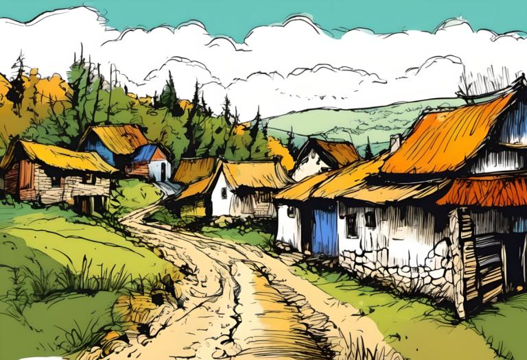 Color Sketch,Color Sketch, Village, village, no humans, cloud, outdoors, sky, scenery, day, house, grass