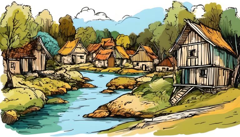 Color Sketch,Color Sketch, Village, village, no humans, tree, outdoors, water, house, scenery, river, sky