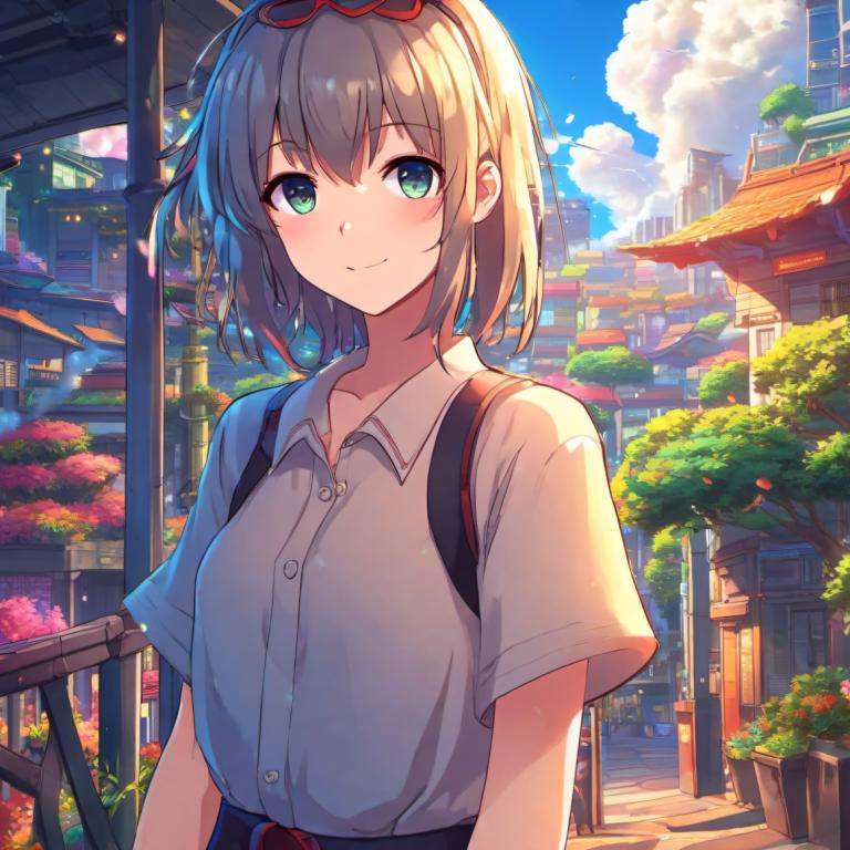 Dessin animé,Dessin animé, Personnes, fille, 1fille, solo, chemise, en plein air, sourire, jour, ciel