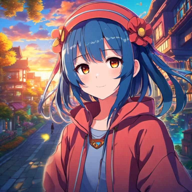 Cartoon,Cartoon, People, girl, 1girl, blue hair, looking at viewer, smile, hood, outdoors, flower, solo