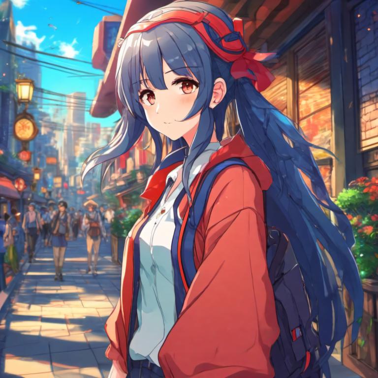 Cartoon,Cartoon, People, girl, outdoors, bag, solo focus, long hair, looking at viewer, shirt, blue hair