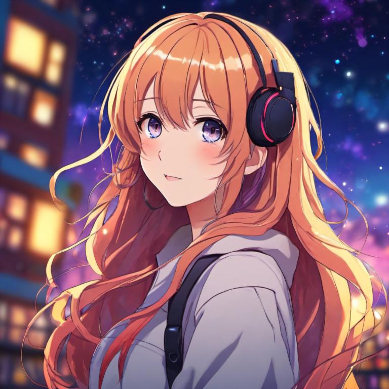 Cartoon,Cartoon, People, girl, 1girl, solo, long hair, orange hair, looking at viewer, headphones, upper body