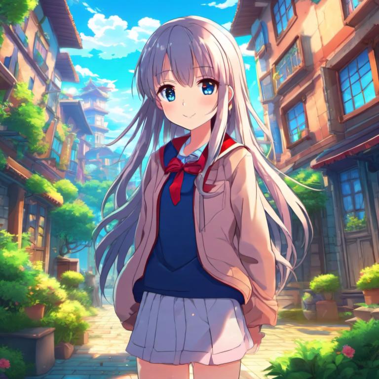 Cartoon,Cartoon, People, girl, 1girl, solo, blue eyes, smile, long hair, skirt, outdoors, looking at viewer