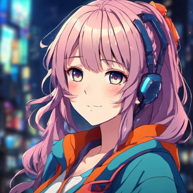 Cartoon,Cartoon, People, girl, 1girl, solo, pink hair, blurry background, smile, headphones, long hair, blush