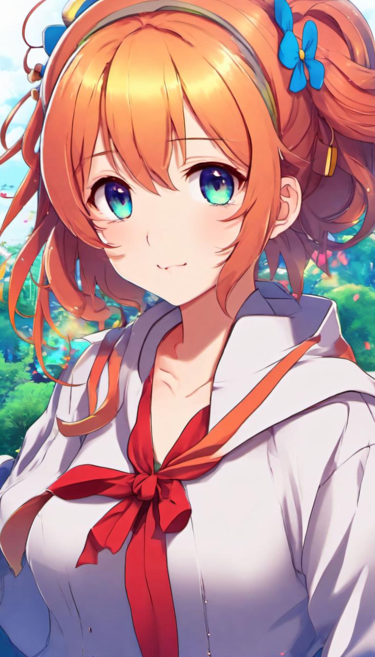 Cartoon,Cartoon, People, girl, 1girl, solo, hair ornament, orange hair, looking at viewer, flower, blue eyes