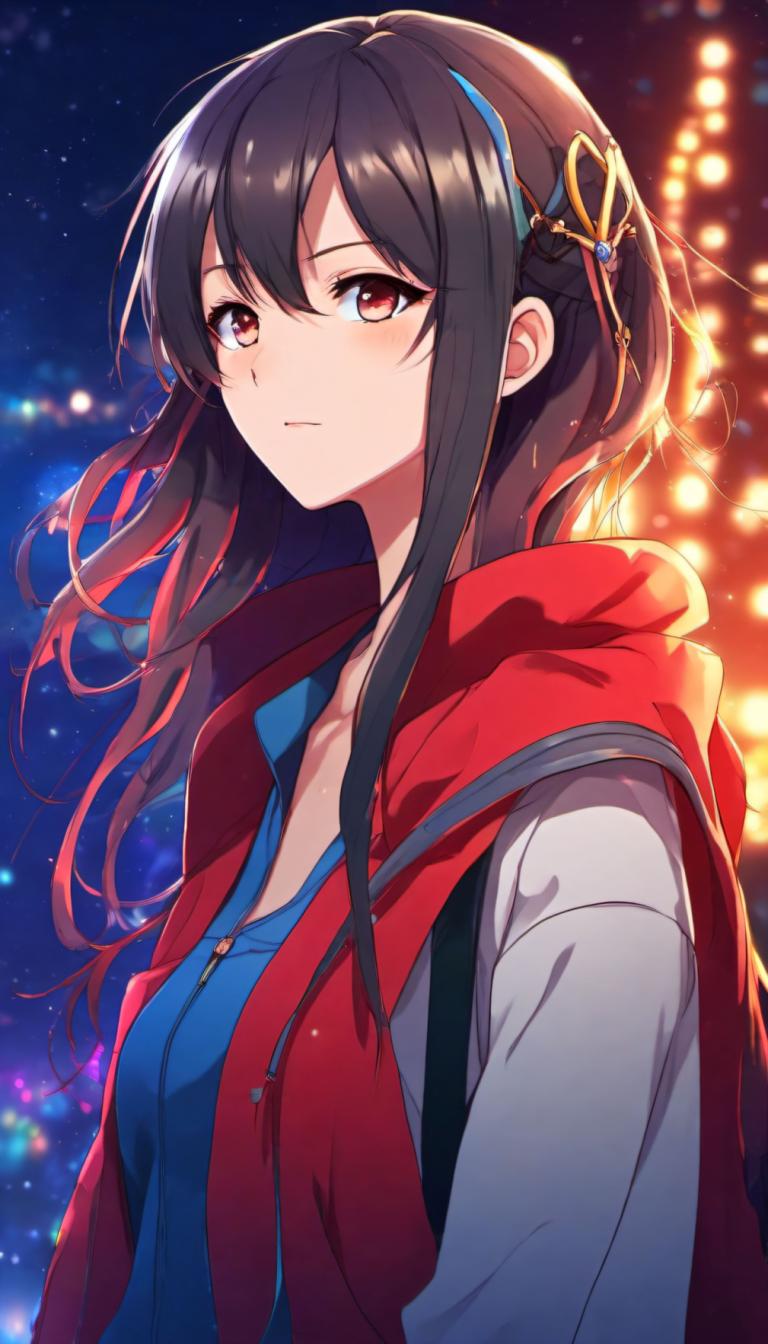 Cartoon,Cartoon, People, girl, 1girl, solo, long hair, hair ornament, jacket, red eyes, looking at viewer