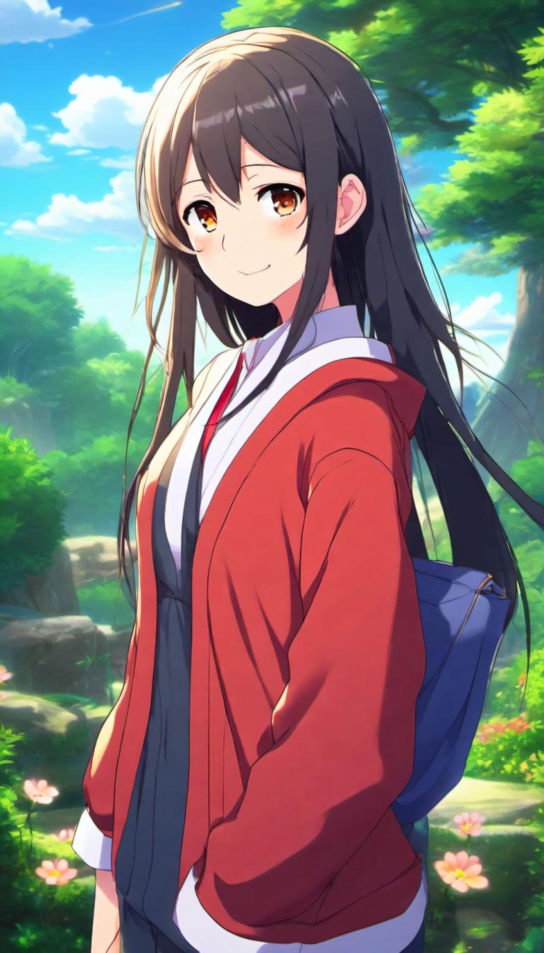 Cartoon,Cartoon, People, girl, 1girl, long hair, solo, smile, akagi (kancolle), outdoors, bag, brown eyes