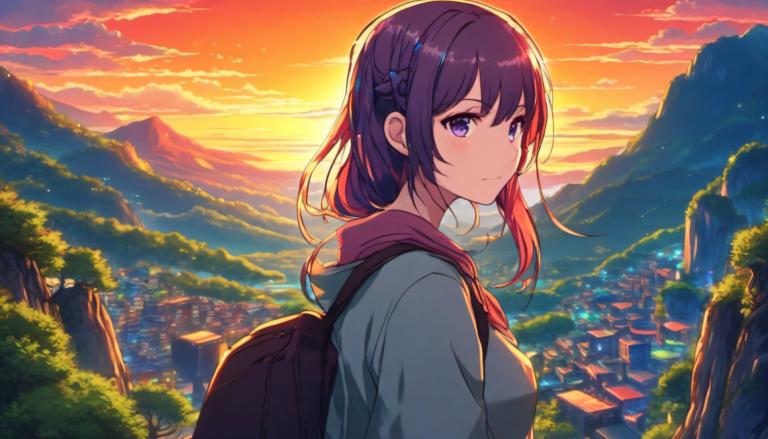 Cartoon,Cartoon, People, girl, 1girl, solo, purple eyes, looking at viewer, outdoors, bag, sunset, braid