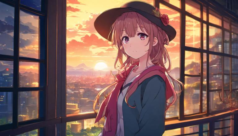 Cartoon,Cartoon, People, girl, 1girl, solo, hat, long hair, brown hair, looking at viewer, sunset, jacket