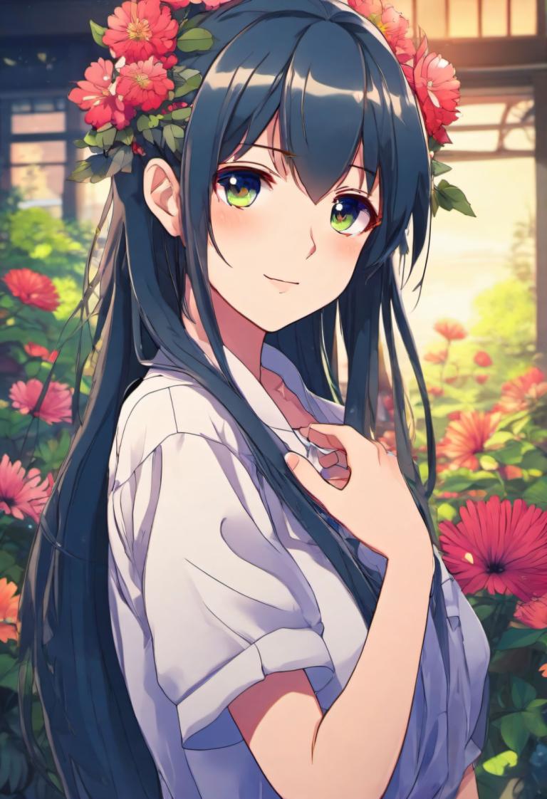 Cartoon,Cartoon, People, girl, 1girl, solo, long hair, flower, green eyes, looking at viewer, hair flower