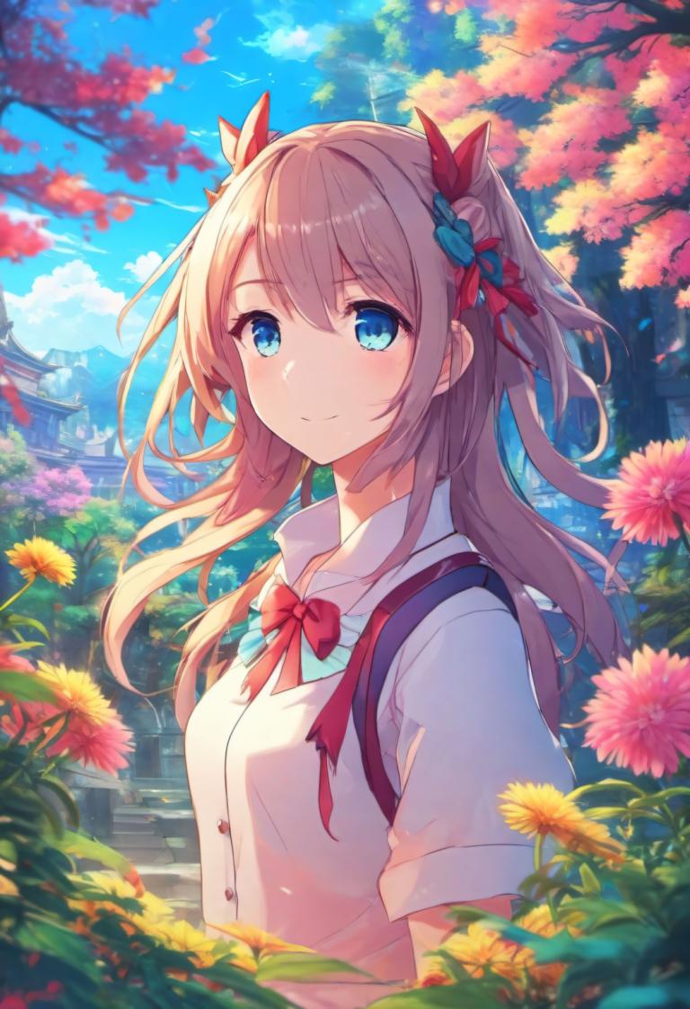 Dessin animé,Dessin animé, Personnes, fille, 1fille, solo, en plein air, fleur, sourire, yeux bleus