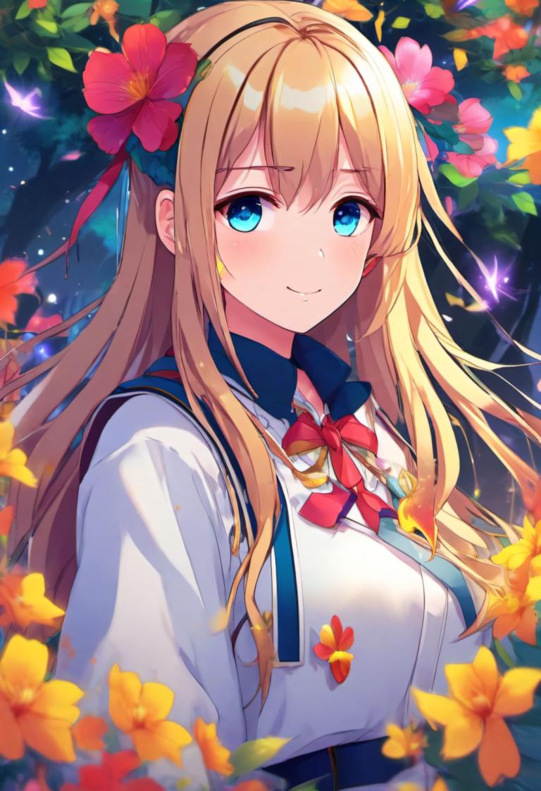 Cartoon,Cartoon, People, girl, 1girl, solo, long hair, flower, smile, blue eyes, blonde hair, hair ornament