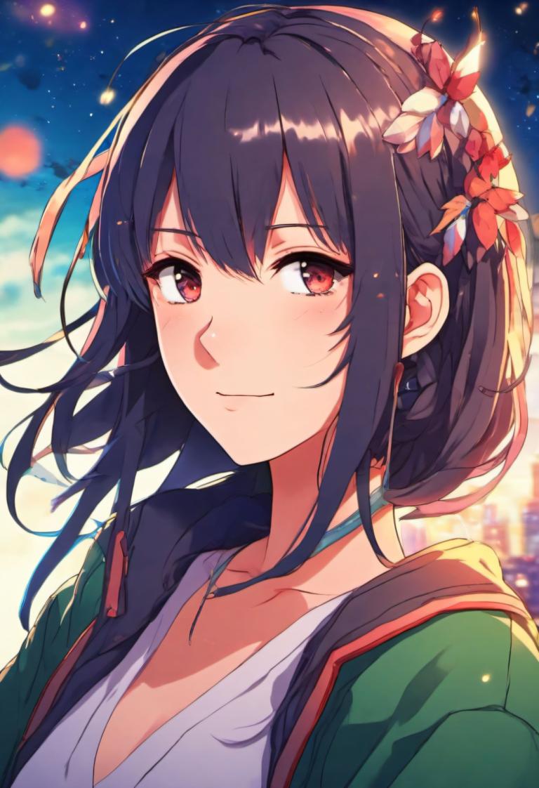 Cartoon,Cartoon, People, girl, 1girl, solo, hair ornament, red eyes, looking at viewer, smile, blush, bangs