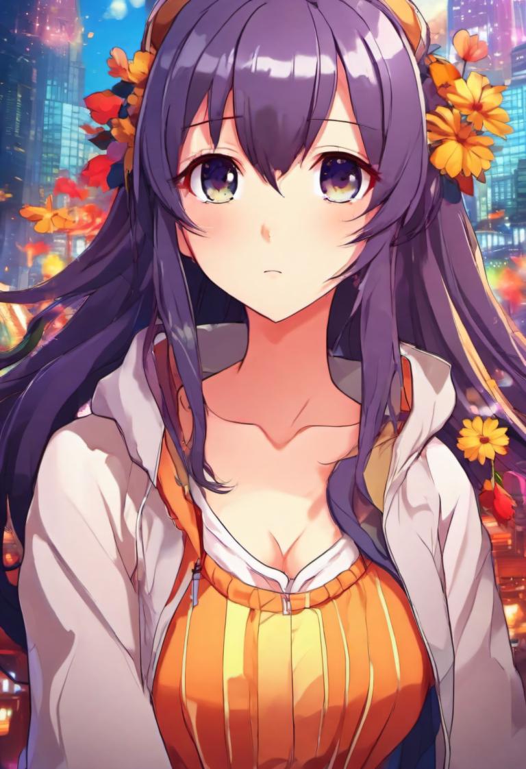 Cartoon,Cartoon, People, girl, 1girl, solo, orange flower, long hair, breasts, looking at viewer, purple hair