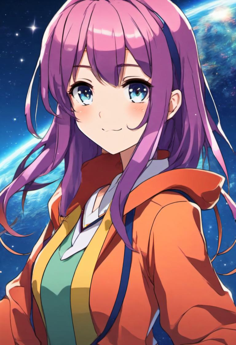 Cartoon,Cartoon, People, girl, 1girl, solo, smile, jacket, shirt, purple hair, upper body, blue eyes