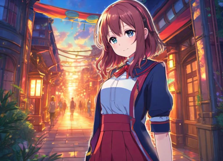 Cartoon,Cartoon, People, girl, skirt, brown hair, blue eyes, shirt, red skirt, outdoors, looking at viewer