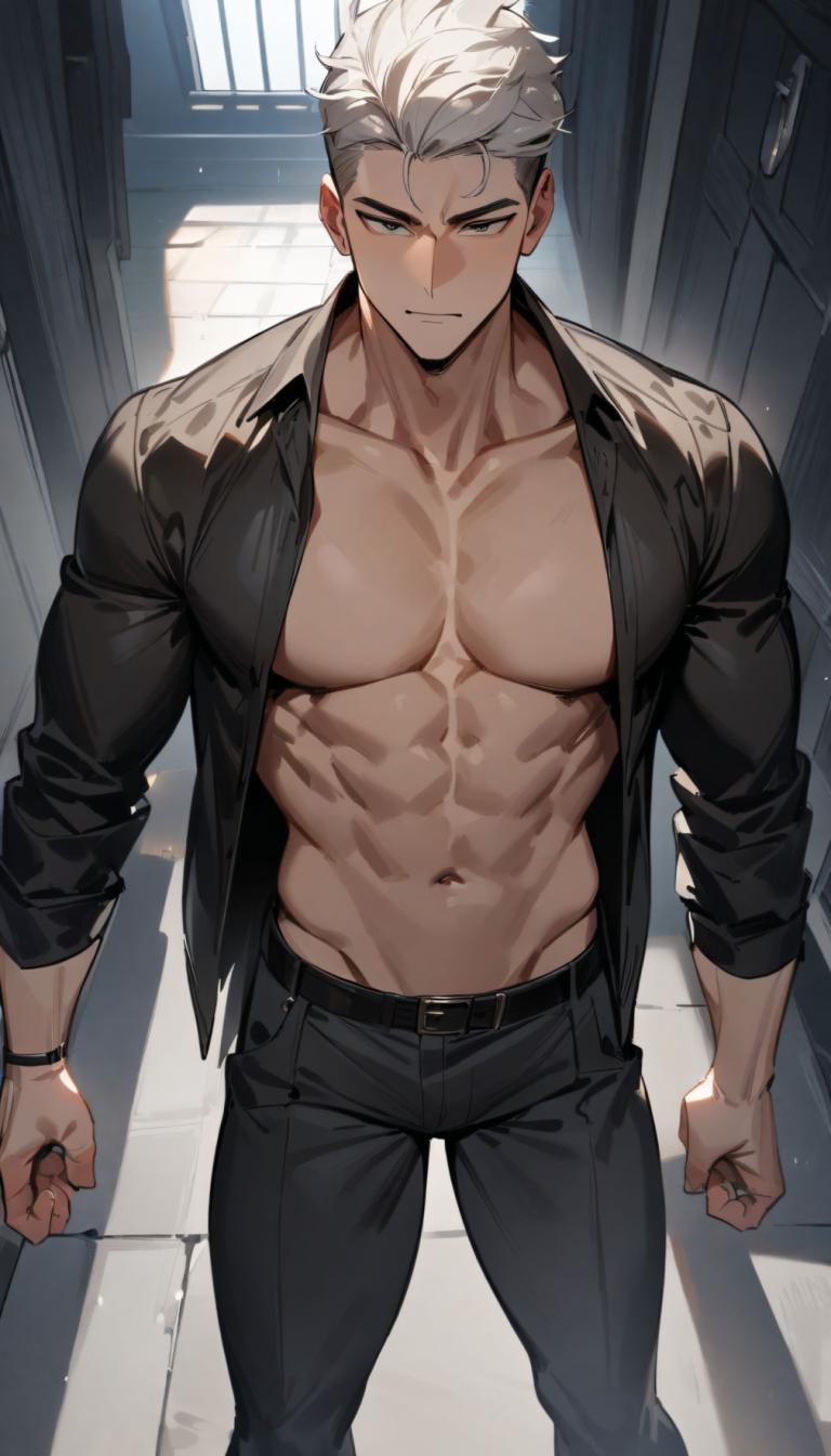 Cartoon,Cartoon, People, boy, male focus, 1boy, pectorals, solo, muscular male, muscular, abs, pants, shirt