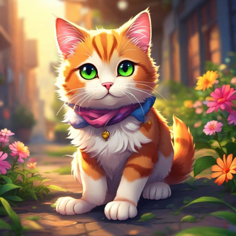 Cartoon,Cartoon, Animal, cat, no humans, flower, green eyes, cat, blurry, outdoors, looking at viewer