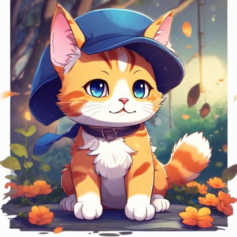 Cartoon,Cartoon, Animal, cat, no humans, cat, hat, blue headwear, blue eyes, flower, collar, orange flower