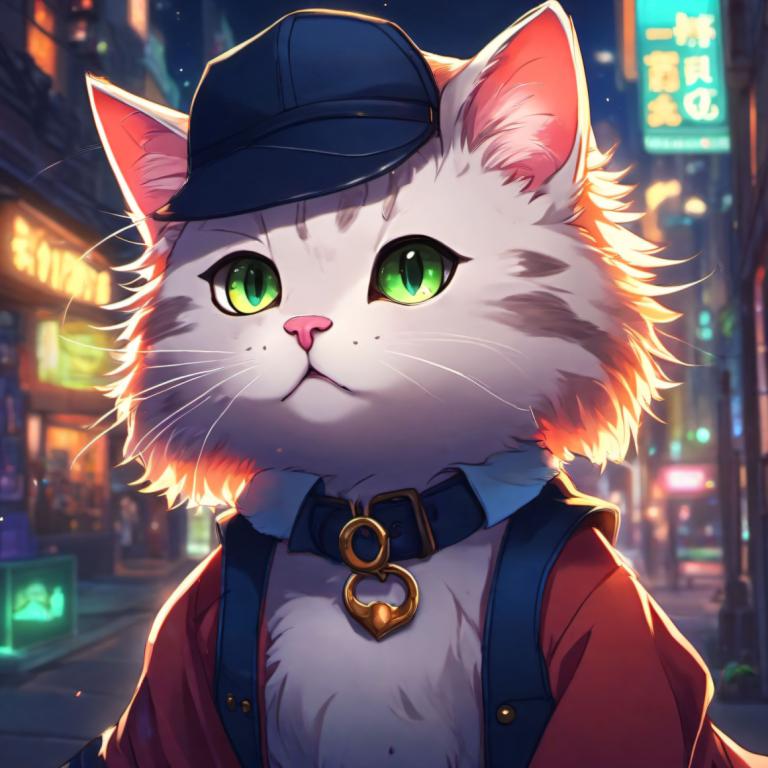 Cartoon,Cartoon, Animal, cat, hat, cat, green eyes, night, looking at viewer, outdoors, collar, blurry