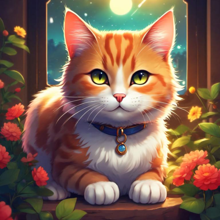 Cartoon,Cartoon, Animal, cat, no humans, flower, cat, animal focus, moon, looking at viewer, sky, green eyes