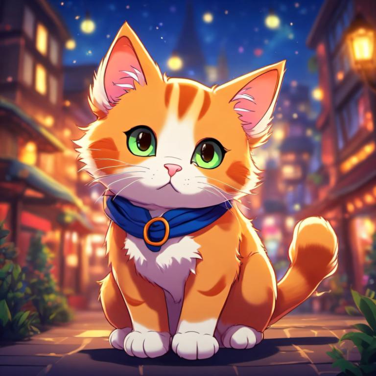 Cartoon,Cartoon, Animal, cat, cat, no humans, green eyes, night, blurry, outdoors, looking at viewer, sky