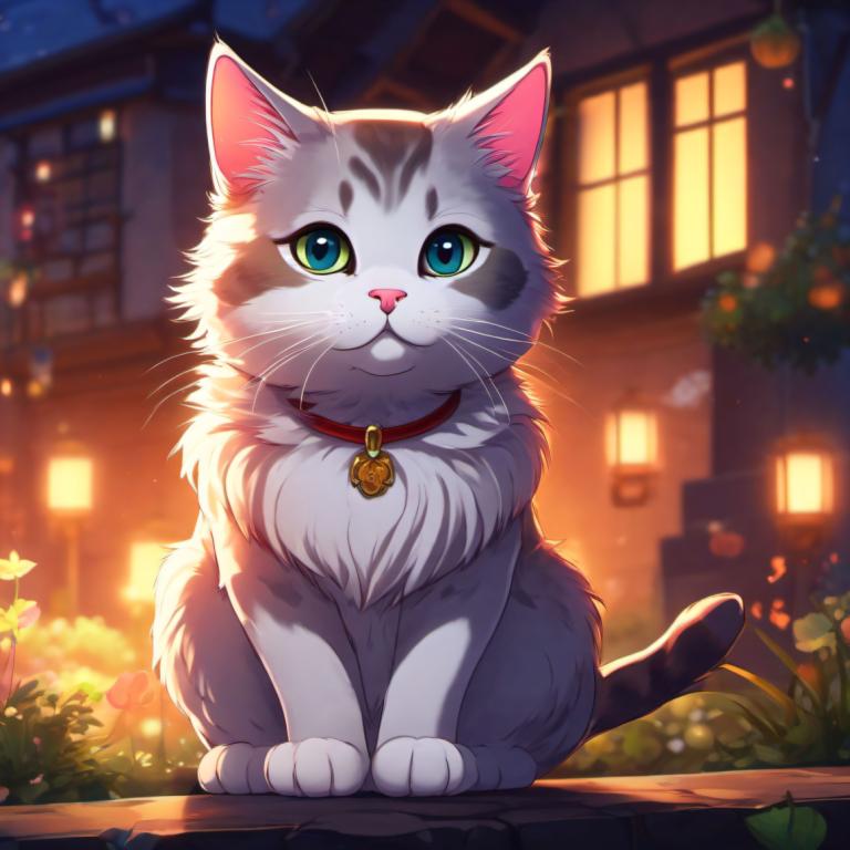 Cartoon,Cartoon, Animal, cat, cat, no humans, looking at viewer, animal focus, collar, blurry, night, flower