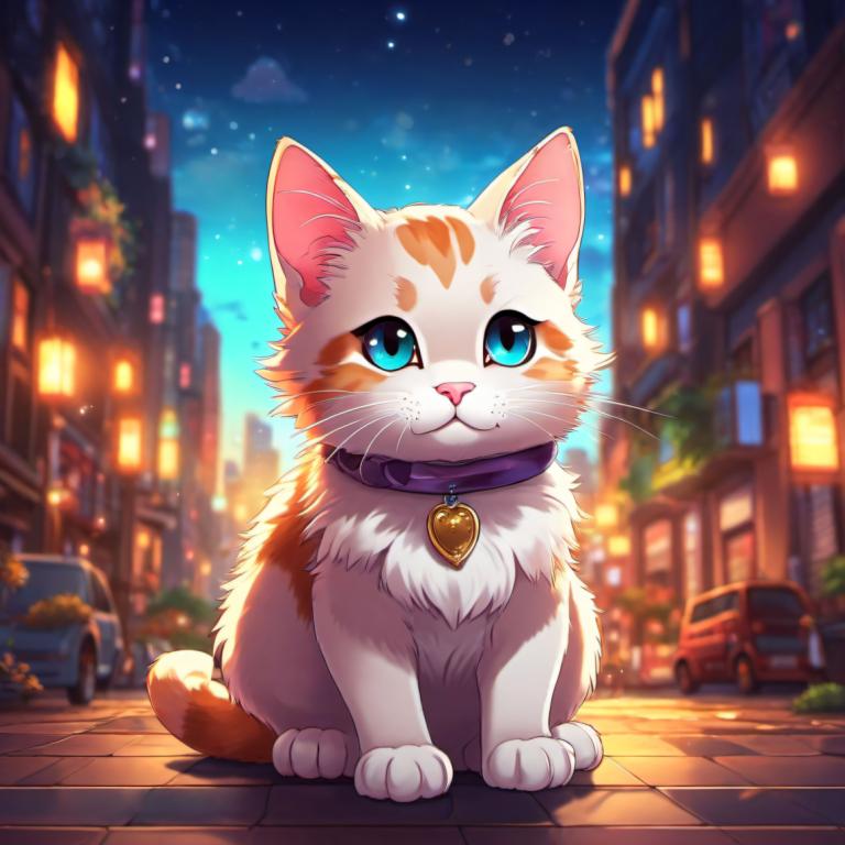 Cartoon,Cartoon, Animal, cat, no humans, cat, sky, blue eyes, car, outdoors, blurry, night, collar, building