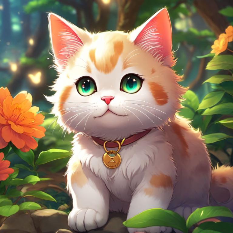 Cartoon,Cartoon, Animal, cat, no humans, flower, cat, green eyes, animal focus, orange flower, blurry, tree