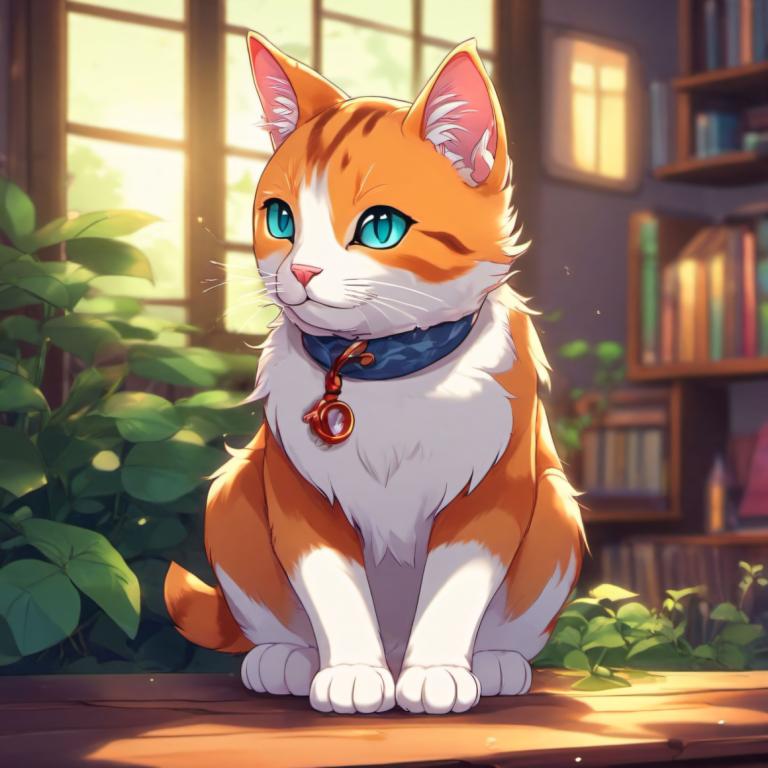 Cartoon,Cartoon, Animal, cat, no humans, bookshelf, blue eyes, cat, plant, window, book, blurry, indoors