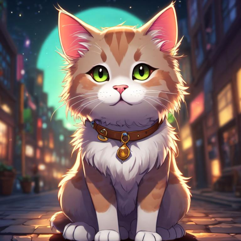 Cartoon,Cartoon, Animal, cat, no humans, animal focus, night, cat, green eyes, outdoors, blurry, moon, collar