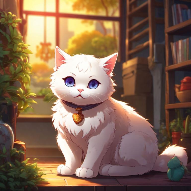 Cartoon,Cartoon, Animal, cat, no humans, cat, blue eyes, plant, collar, indoors, window, blurry