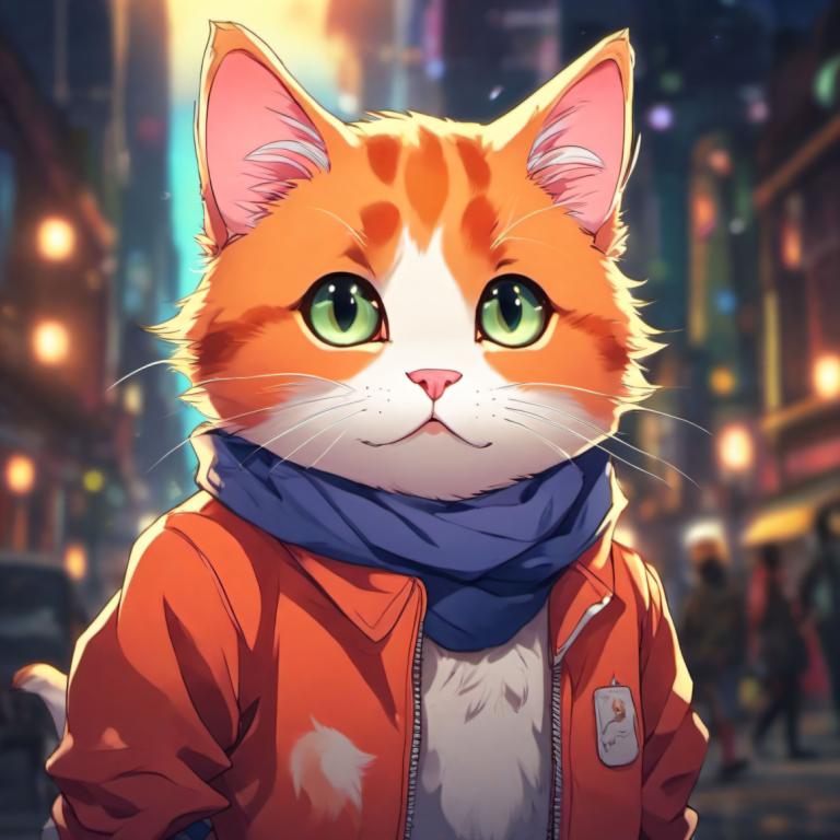 Cartoon,Cartoon, Animal, cat, cat, green eyes, jacket, scarf, blurry, looking at viewer, whiskers