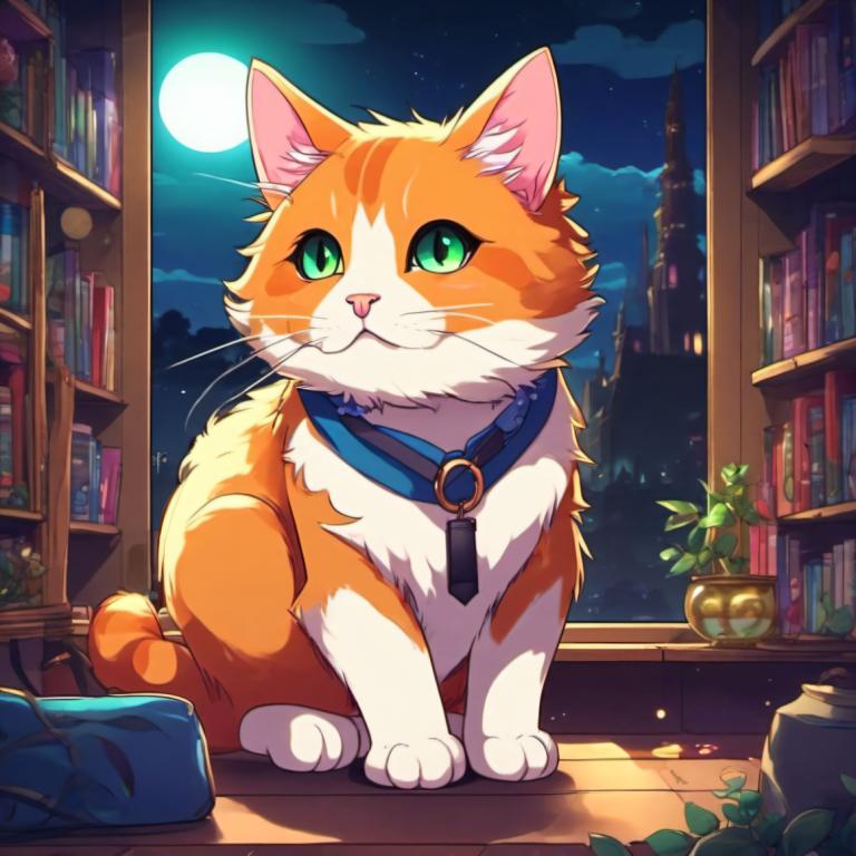 Cartoon,Cartoon, Animal, cat, bookshelf, no humans, cat, moon, night, sky, green eyes, book, plant, night sky