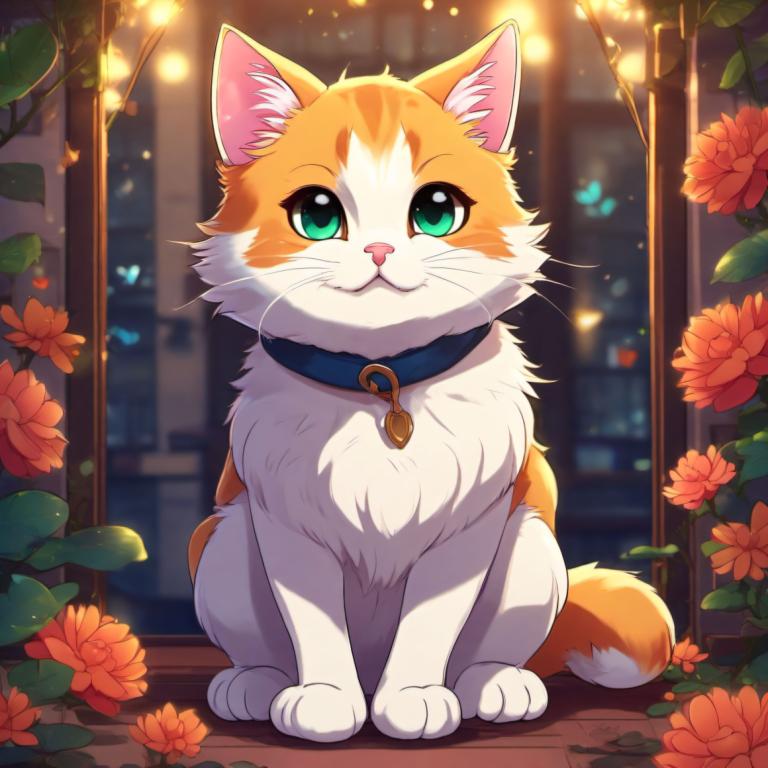 Cartoon,Cartoon, Animal, cat, no humans, flower, cat, orange flower, green eyes, looking at viewer, collar