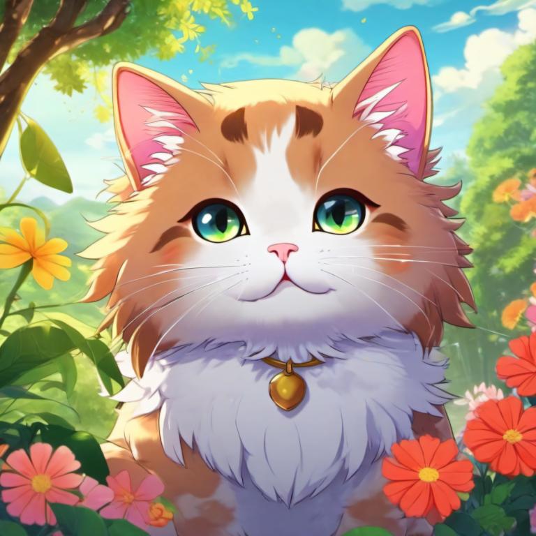 Cartoon,Cartoon, Animal, cat, flower, no humans, outdoors, green eyes, sky, orange flower, cat, day, tree