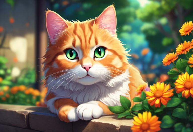 Cartoon,Cartoon, Animal, cat, no humans, flower, cat, green eyes, blurry, orange flower, animal focus