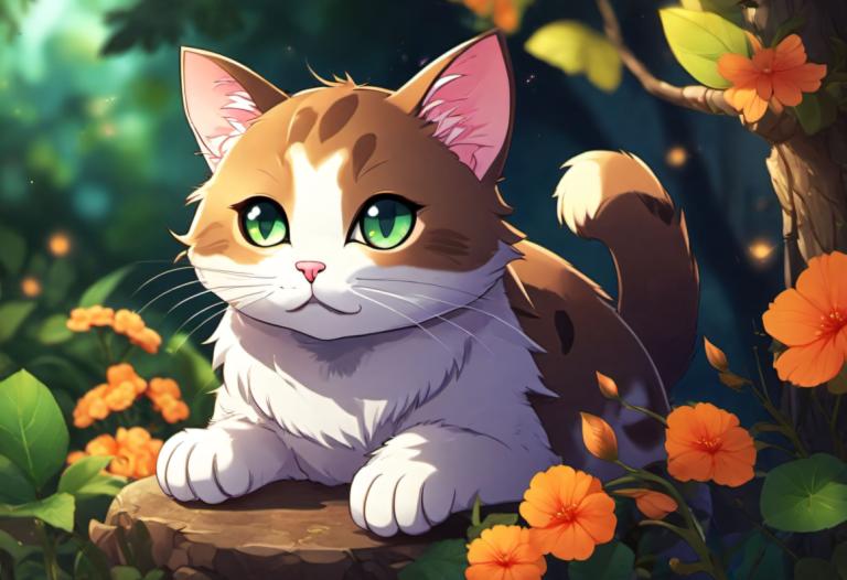 Cartoon,Cartoon, Animal, cat, no humans, orange flower, green eyes, flower, cat, blurry, outdoors