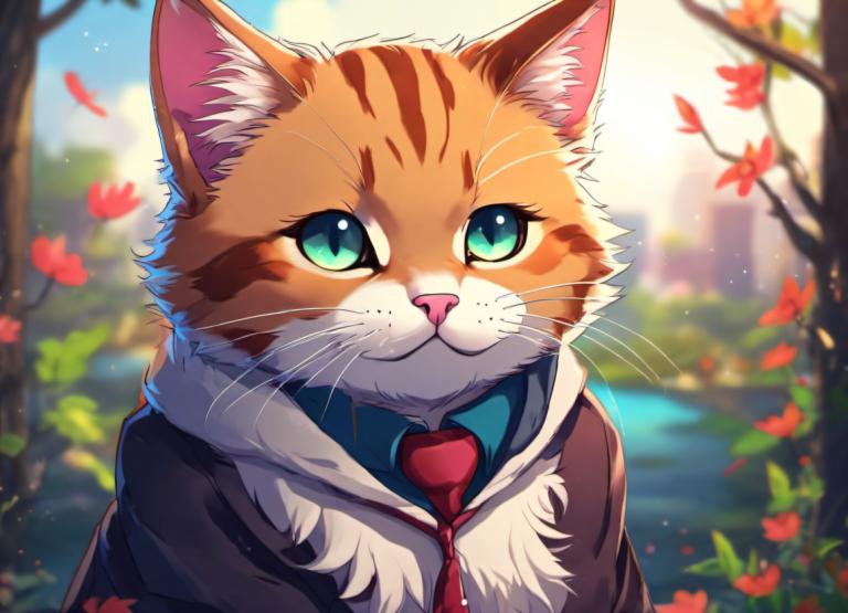 Cartoon,Cartoon, Animal, cat, necktie, whiskers, outdoors, blurry, looking at viewer, blurry background