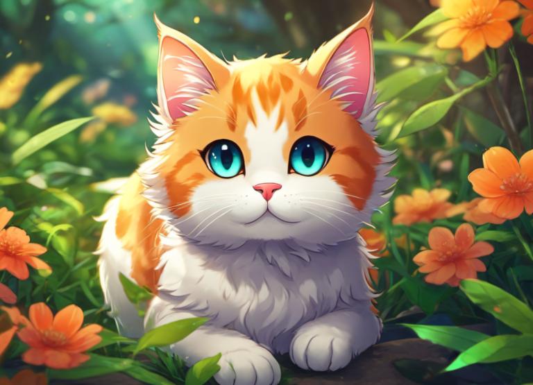 Cartoon,Cartoon, Animal, cat, no humans, orange flower, flower, animal focus, blue eyes, cat, outdoors