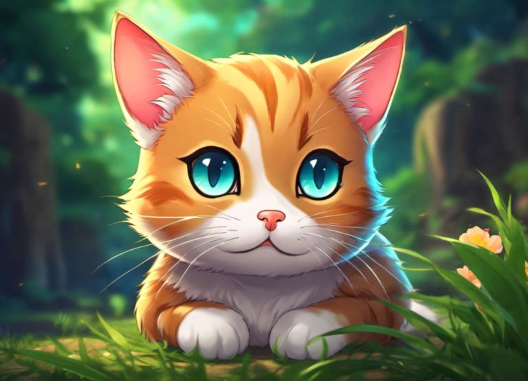 Cartoon,Cartoon, Animal, cat, no humans, blue eyes, animal focus, outdoors, blurry, looking at viewer, grass