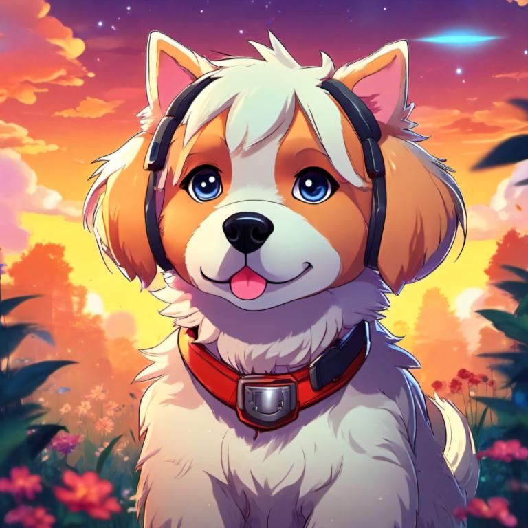 Cartoon,Cartoon, Animal, dog, no humans, tongue, tongue out, dog, blue eyes, sky, flower, collar, outdoors