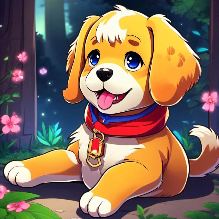 Cartoon,Cartoon, Animal, dog, tongue, no humans, dog, blue eyes, tongue out, flower, sitting, collar